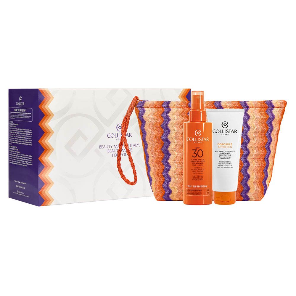 Geschenkset met tas, zonnebrandspray SPF30 en aftersunbalsem. Verpakking met merklogo en tekst.