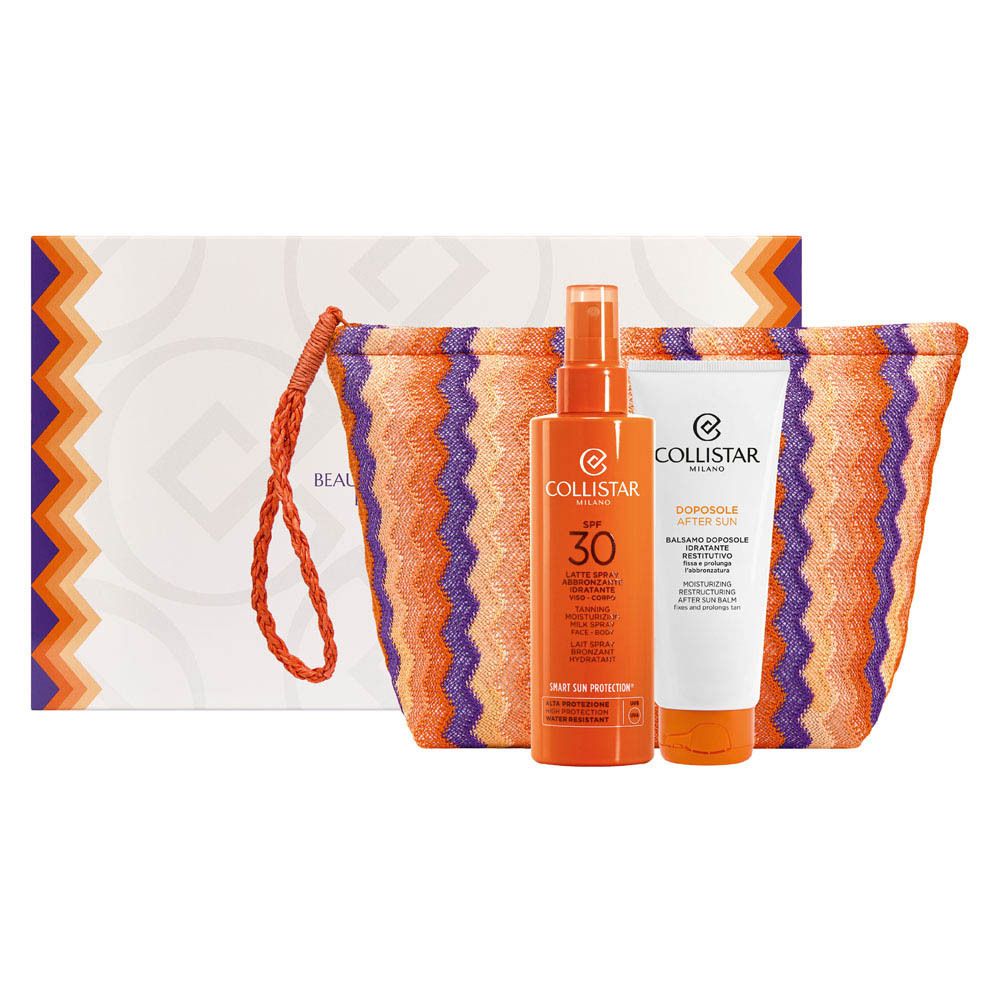 Geschenkset met tas, zonnebrandspray SPF30 en aftersunbalsem. Verpakking met merklogo en tekst.