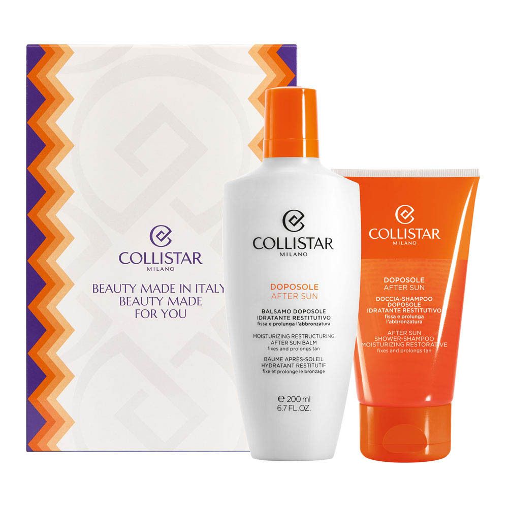 Twee producten: witte fles en oranje tube. Collistar-logo en tekst: Beauty made for you. Op witte achtergrond.