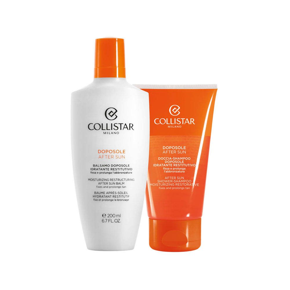 Twee producten: witte fles en oranje tube. Collistar-logo en tekst: Beauty made for you. Close-up.