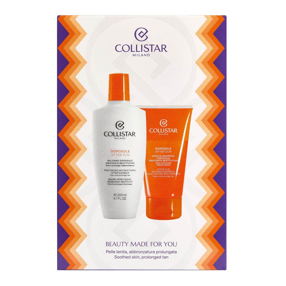 Twee producten: witte fles en oranje tube. Collistar-logo en tekst: Beauty made for you. Close-up.