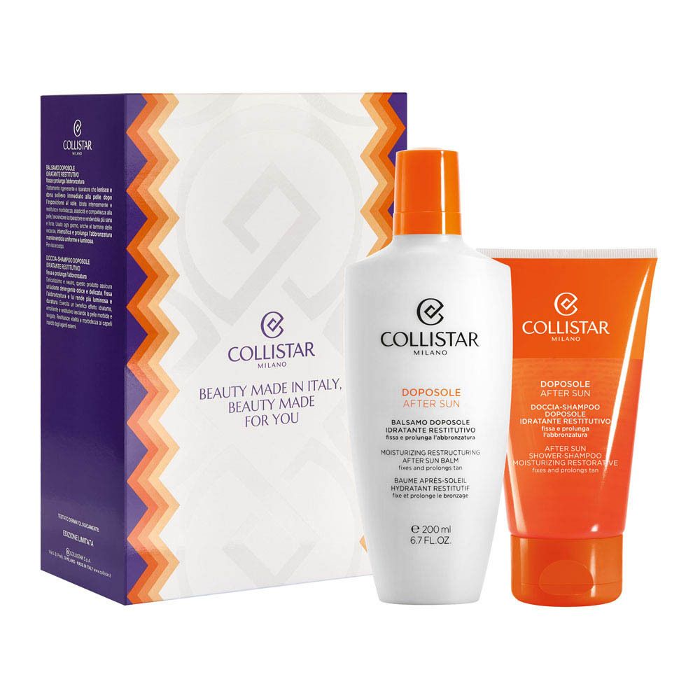 Twee producten: witte fles en oranje tube. Collistar-logo en tekst: Beauty made for you. Close-up.
