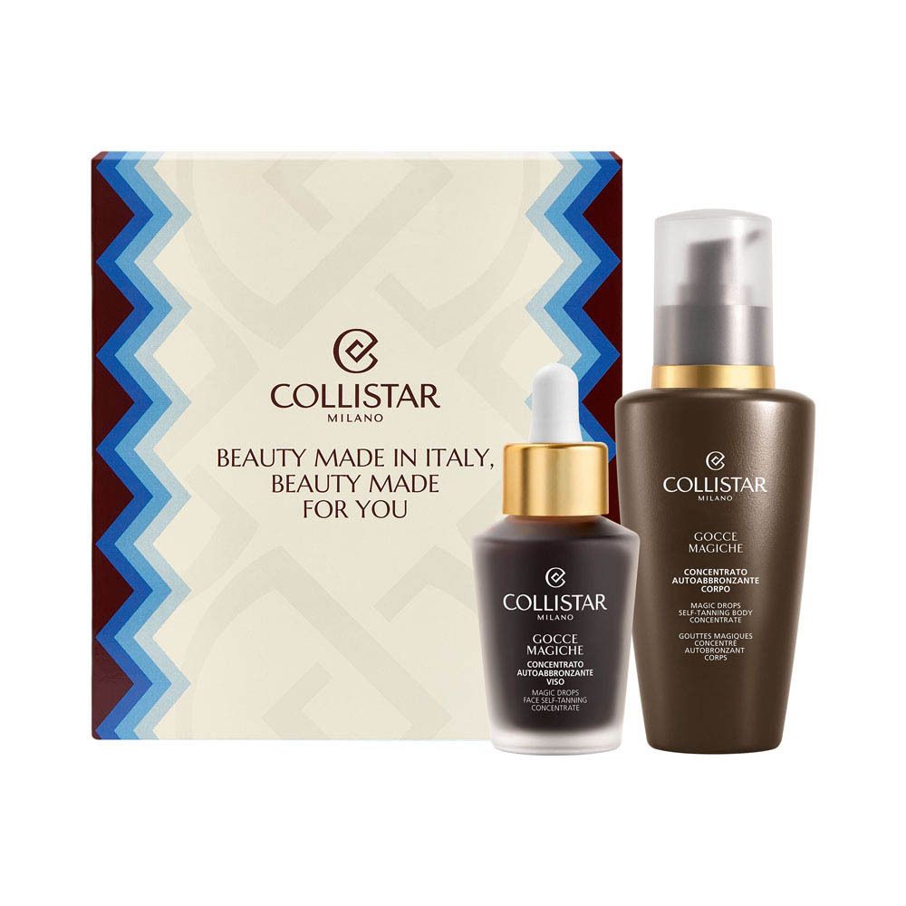 Collistar Coffret Gouttes Magiques : Deux flacons foncés à bouchons dorés, l'un avec pipette, l'autre avec pompe.