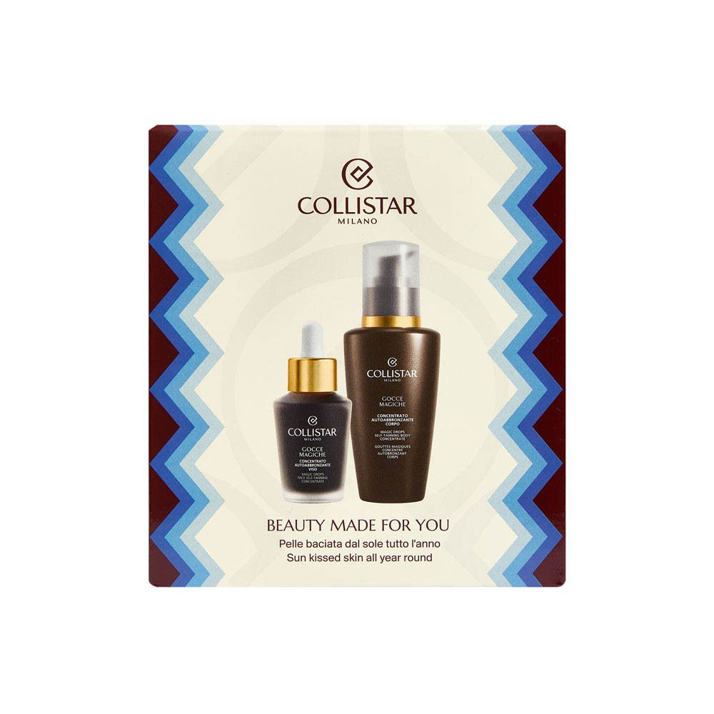 Collistar Coffret Gouttes Magiques : Deux flacons foncés à bouchons dorés, l'un avec pipette, l'autre avec pompe.