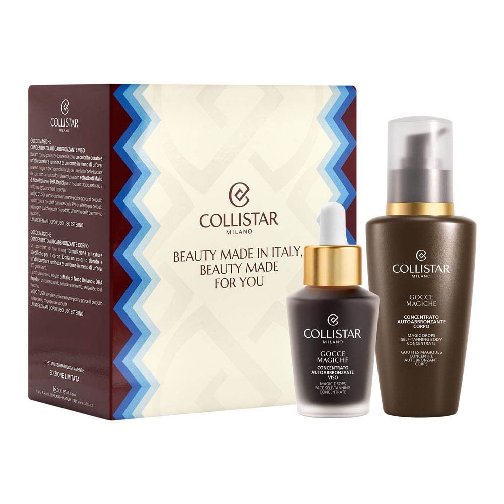 Collistar Coffret Gouttes Magiques: Twee donkere flacons met gouden doppen, één met druppelaar, de andere met pomp.