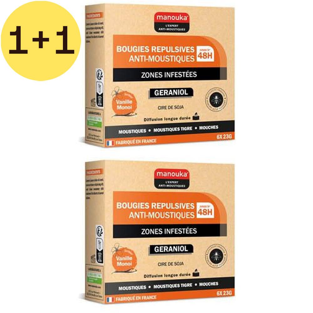 Deux boîtes de 'Bougies répulsives anti-moustiques'. Symbole 1+1 en jaune. Nom du produit non inclus.