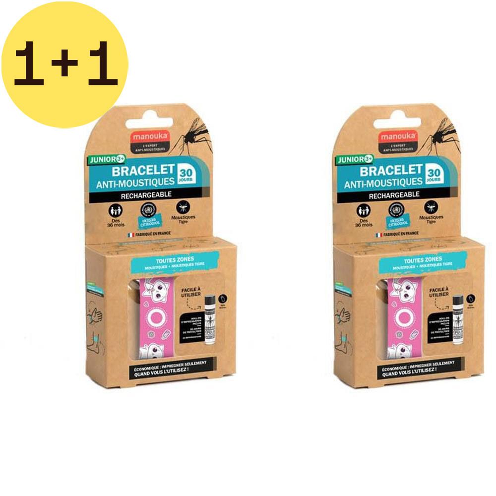Deux boîtes. Inscription: Manouka, Junior, Bracelet Anti-Moustiques, 30. Avec autocollant 1+1 gratuit.