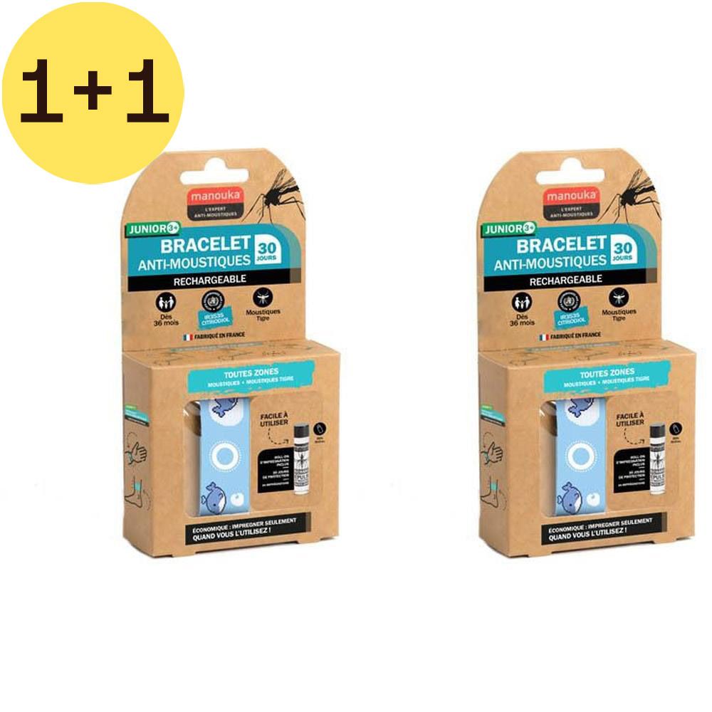 Deux boîtes de bracelets anti-moustiques. Emballage en carton avec informations produit et mention "1+1 GRATUIT".