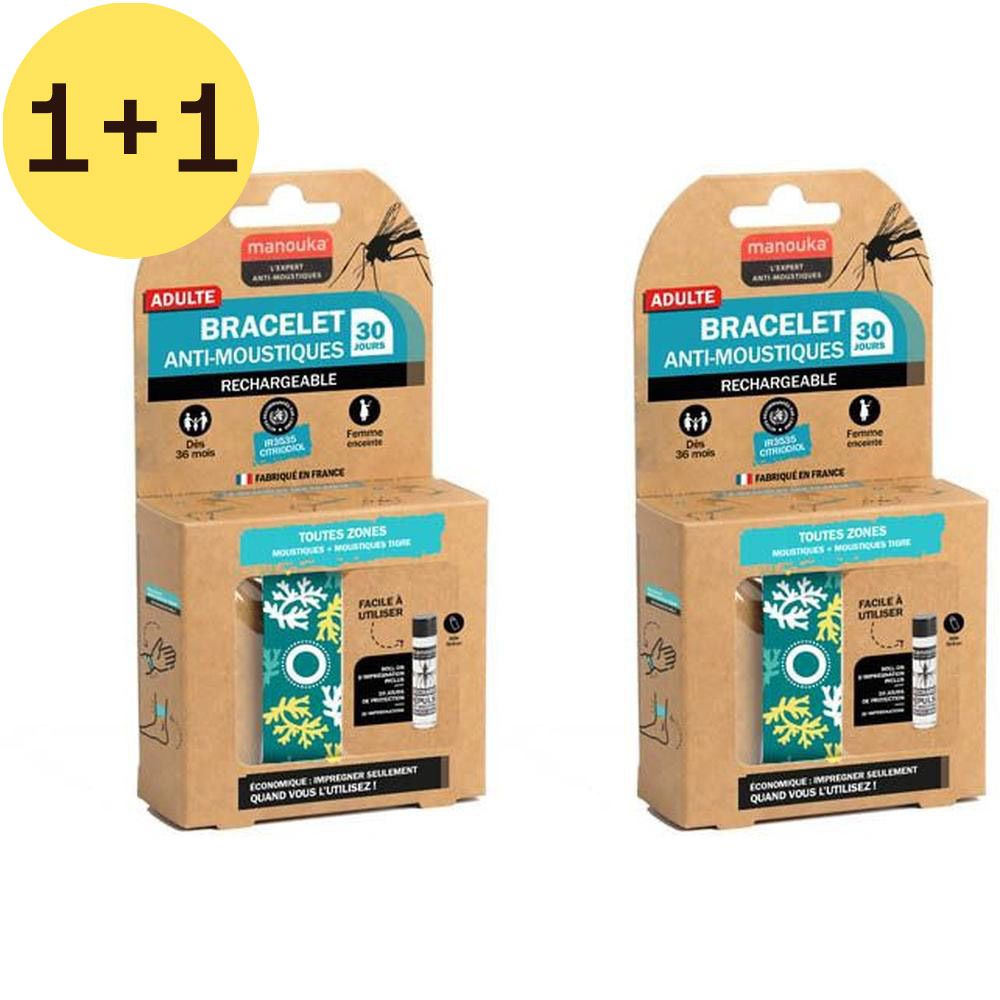 Deux boîtes de produit. Inscription: ADULTE, BRACELET ANTI-MOUSTIQUES, RECHARGEABLE. Cercle jaune avec "1+1".