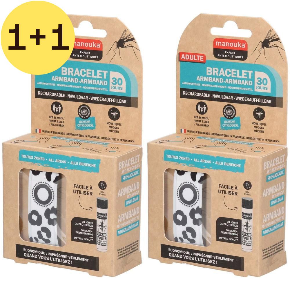 Deux boîtes de bracelets anti-moustiques. Chaque boîte contient un bracelet léopard et un flacon de recharge. Inscription : 1+1 GRATUIT.
