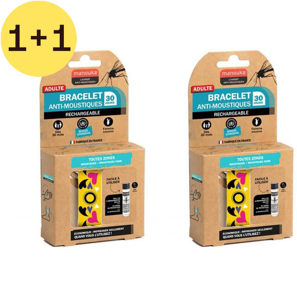 Twee verpakkingen anti-muggenarmbanden. Opschrift: ADULTE, BRACELET ANTI-MOUSTIQUES, RECHARGEABLE. Gele cirkel met "1+1".