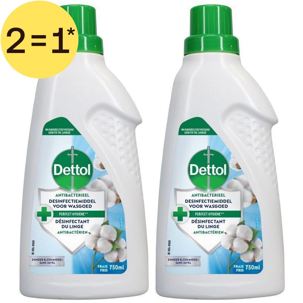 Twee flessen Dettol Desinfectiemiddel voor Wasgoed, 750ml. Antibacterieel, met katoenmotief.