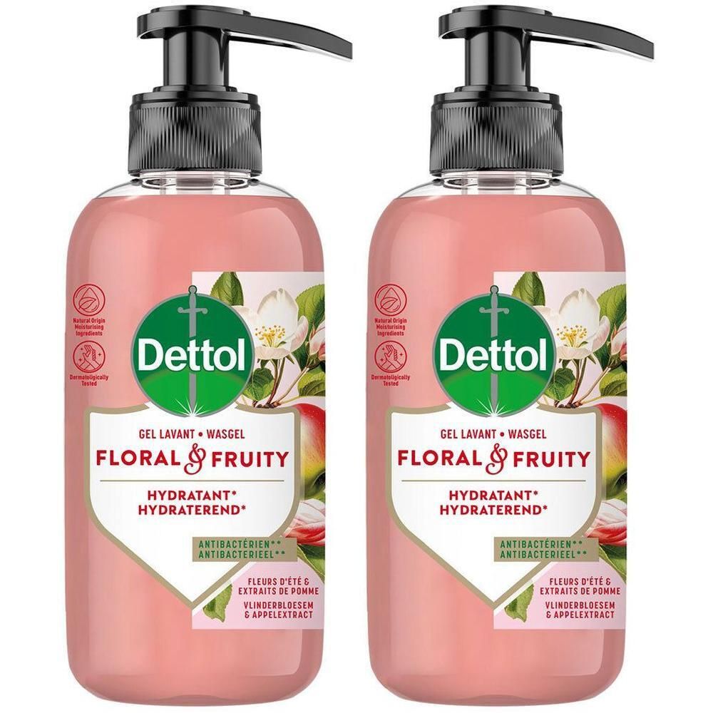 Deux flacons de savon pour les mains Dettol avec distributeurs à pompe, parfum Floral & Fruity.