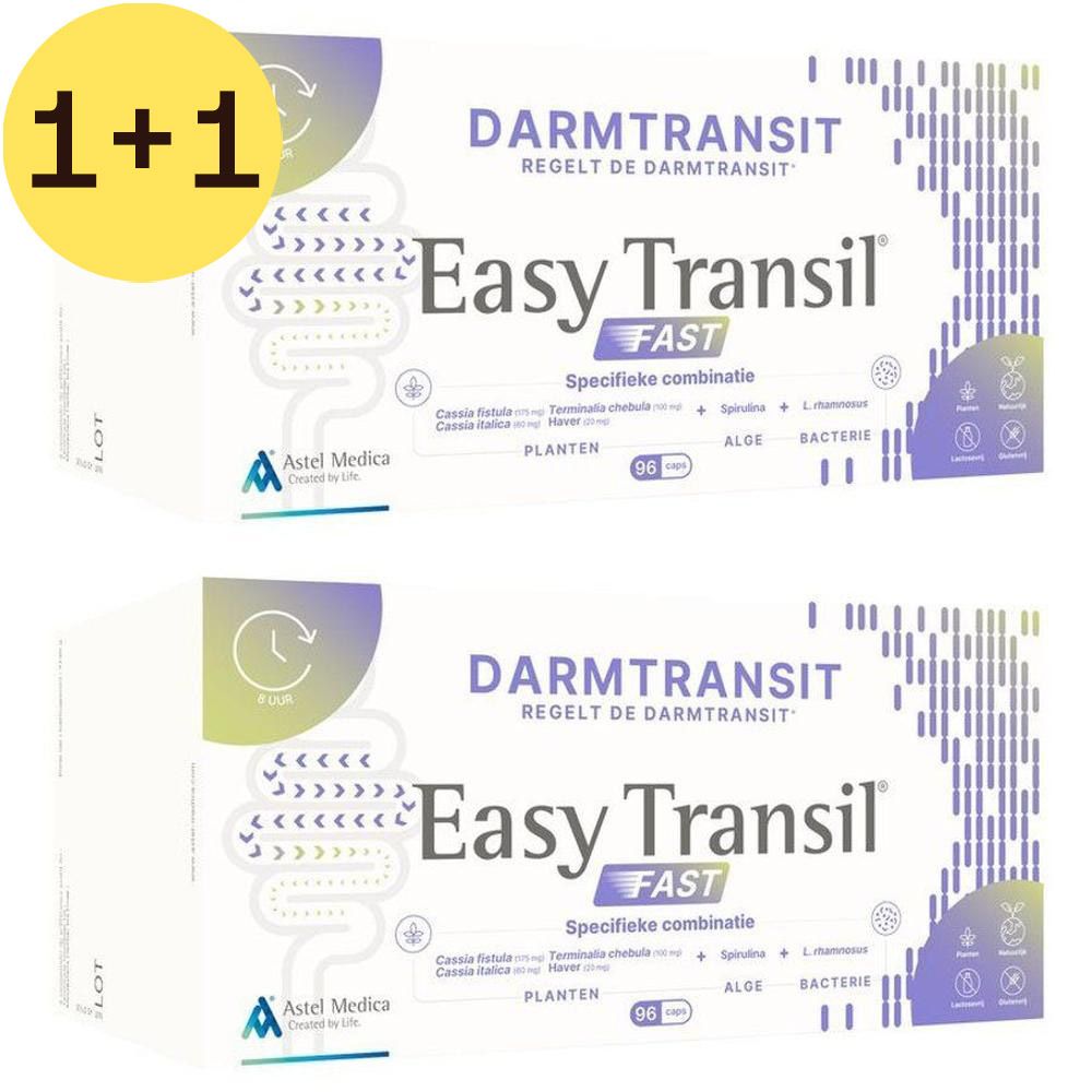Twee verpakkingen Easy Transil Fast. Opschrift: Darmtransit, 1+1 gratis. Bevat planten, algen en bacteriën.