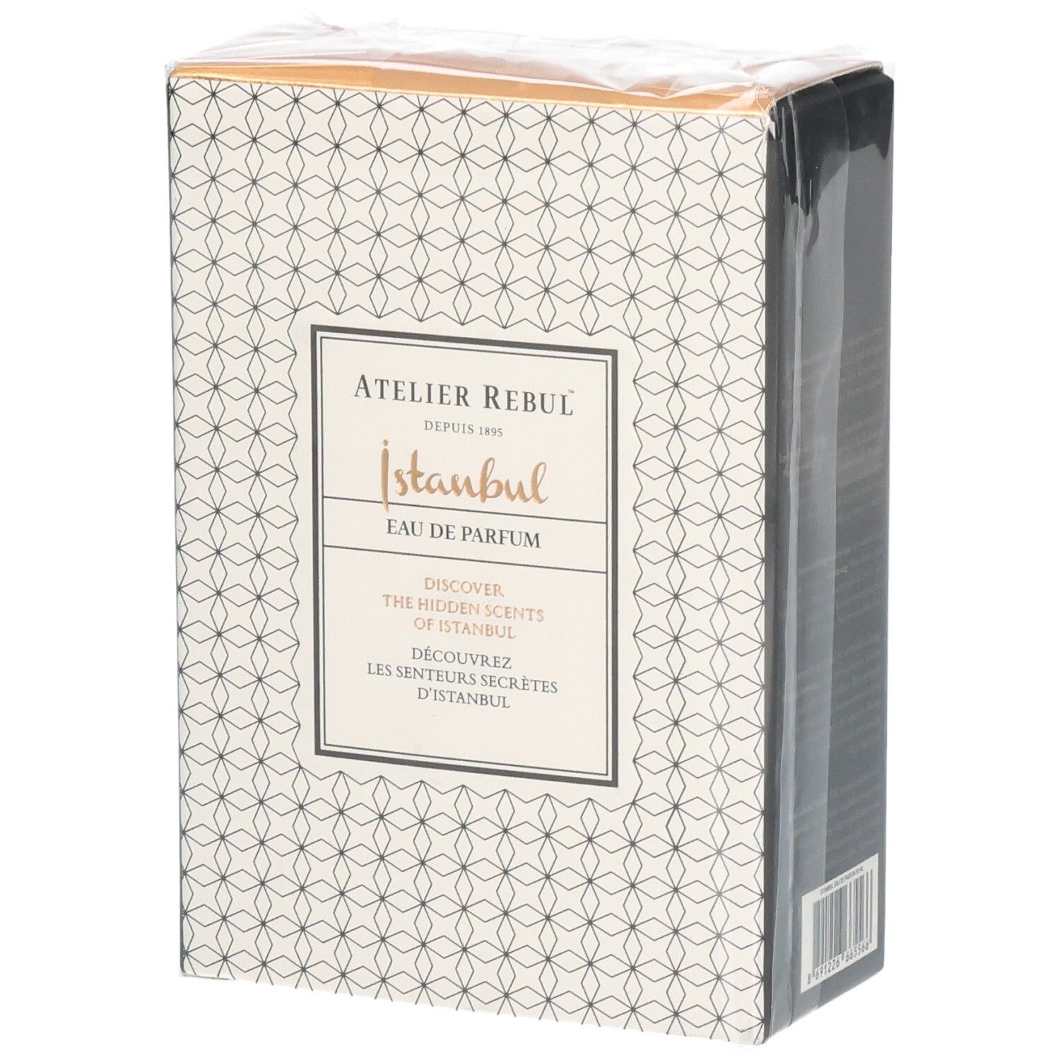 Emballage de l'Eau de Parfum Atelier Rebul Istanbul, face avant avec motif géométrique.