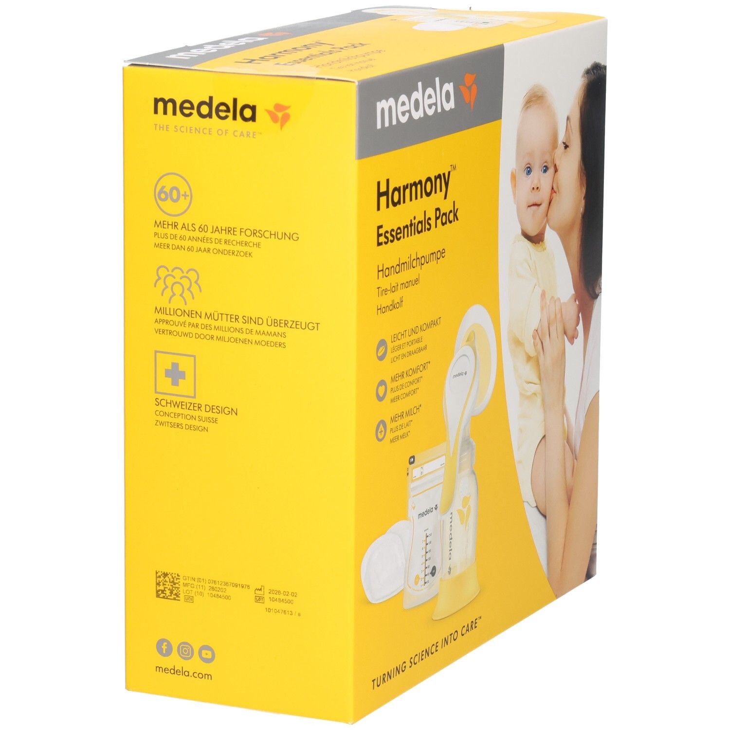 Verpakking Medela Harmony Essentials Pack. Geel en grijs. Tekst: Harmony Essentials Pack, handkolf. Afbeelding van baby en moeder.