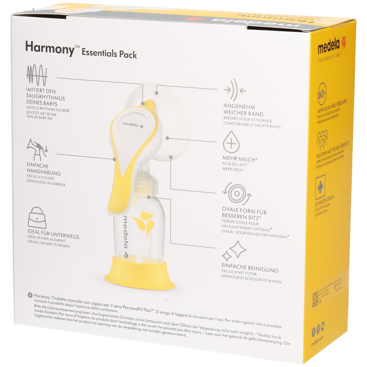 Achterkant van de verpakking Medela Harmony Essentials Pack. Tekening van de handkolf en onderdelen. Tekst en pictogrammen.