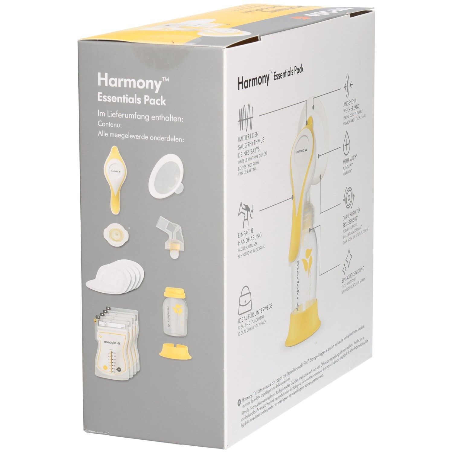 Verpakking Medela Harmony Essentials Pack. Bevat handkolf, flessen, zoogcompressen en accessoires. Geel en grijs.