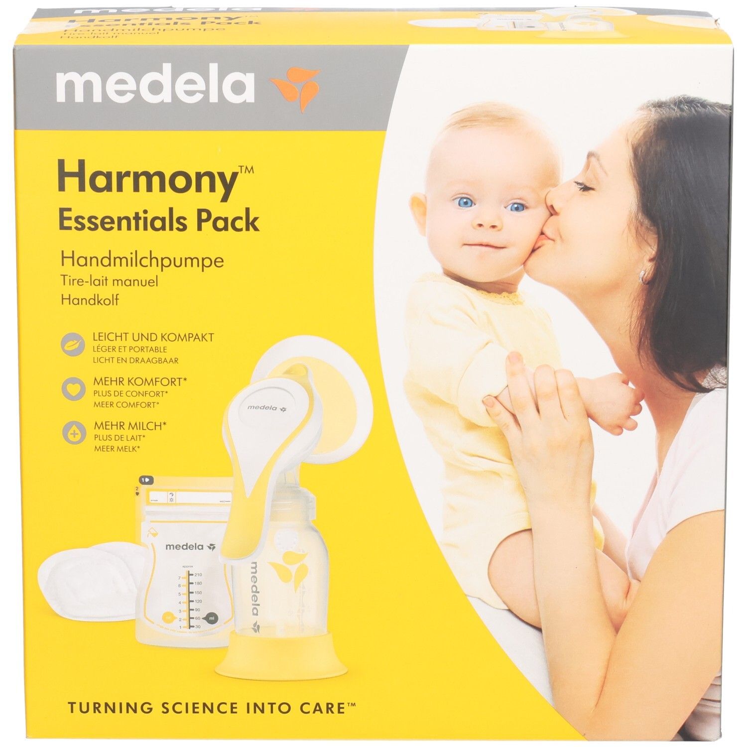Verpakking Medela Harmony Essentials Pack. Geel en grijs. Bevat handkolf en accessoires. Afbeelding van baby en moeder.