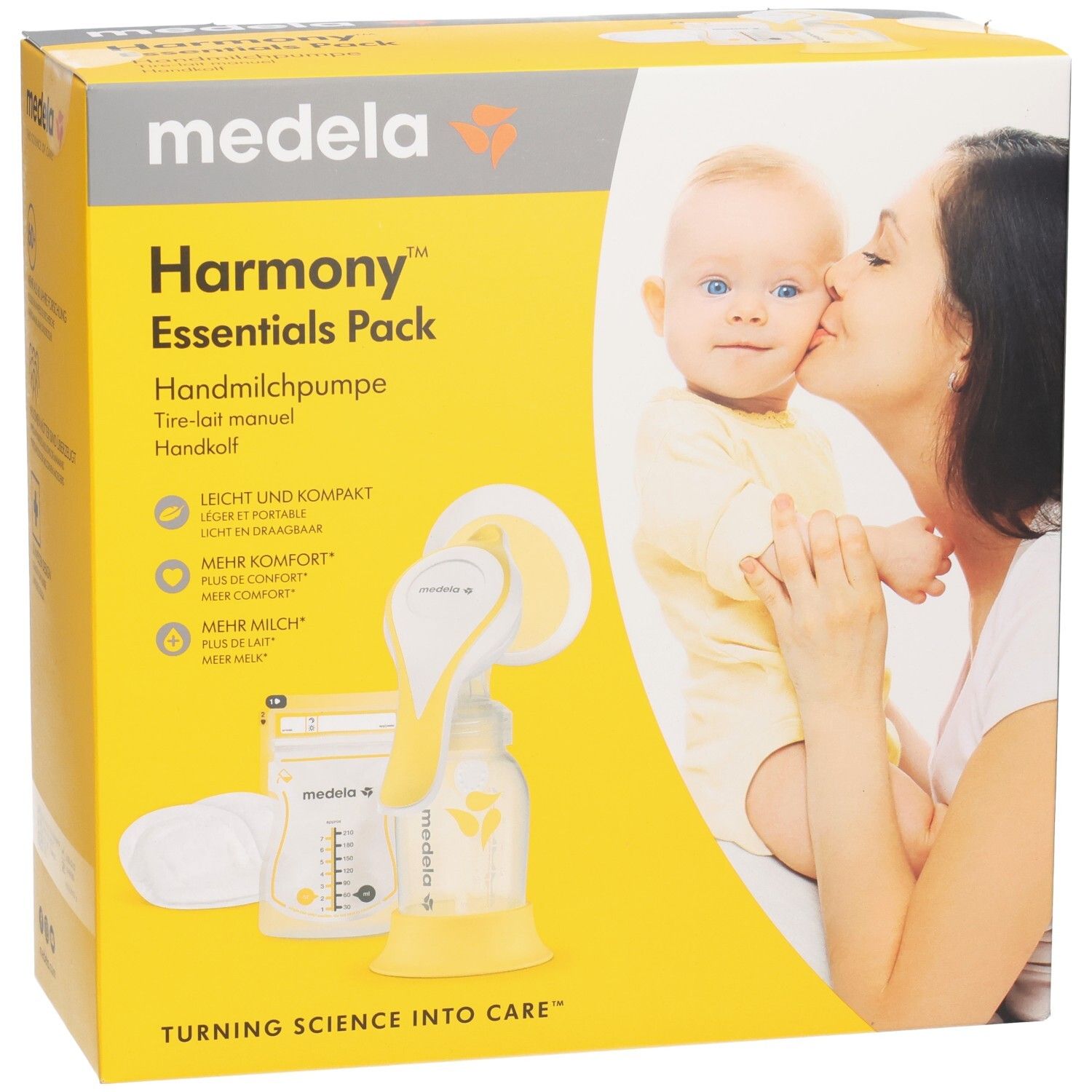 Verpakking Medela Harmony Essentials Pack. Geel en grijs. Bevat handkolf en accessoires. Afbeelding van baby en moeder.