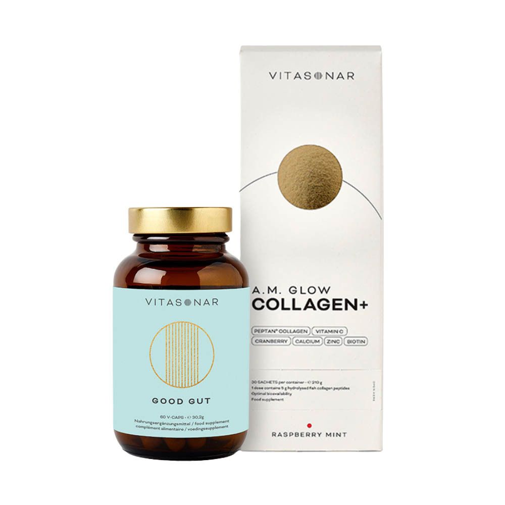 Bruine glazen fles met gouden dop en etiket. Daarnaast een witte verpakking met productnaam en ingrediënten.