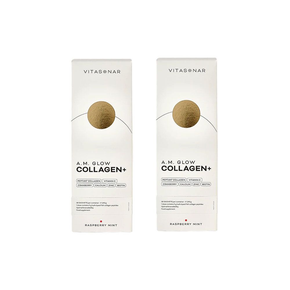 Deux boîtes blanches avec le nom du produit A.M. Glow Collagen+. Logo Vitasonar en haut. Inscription : Raspberry Mint.
