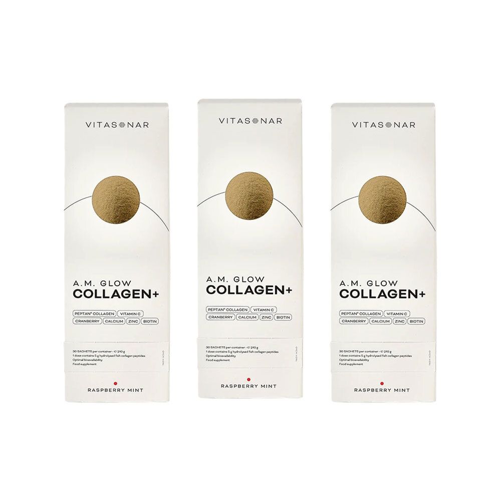 Trois emballages blancs avec le nom du produit VITASONAR, A.M. GLOW COLLAGEN+ et des ingrédients. Image ronde en haut.