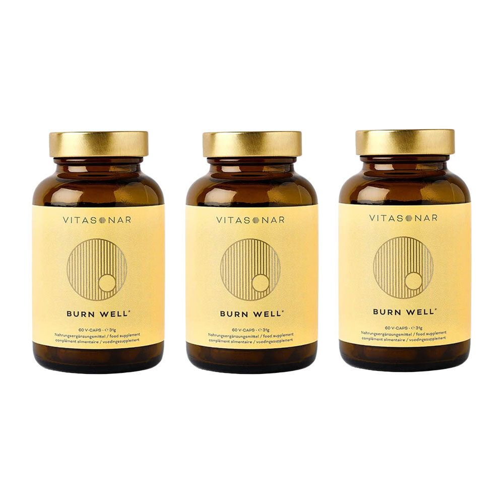 Drie bruine glazen flessen met gouden doppen. Labels met "VITASONAR" en "BURN WELL".