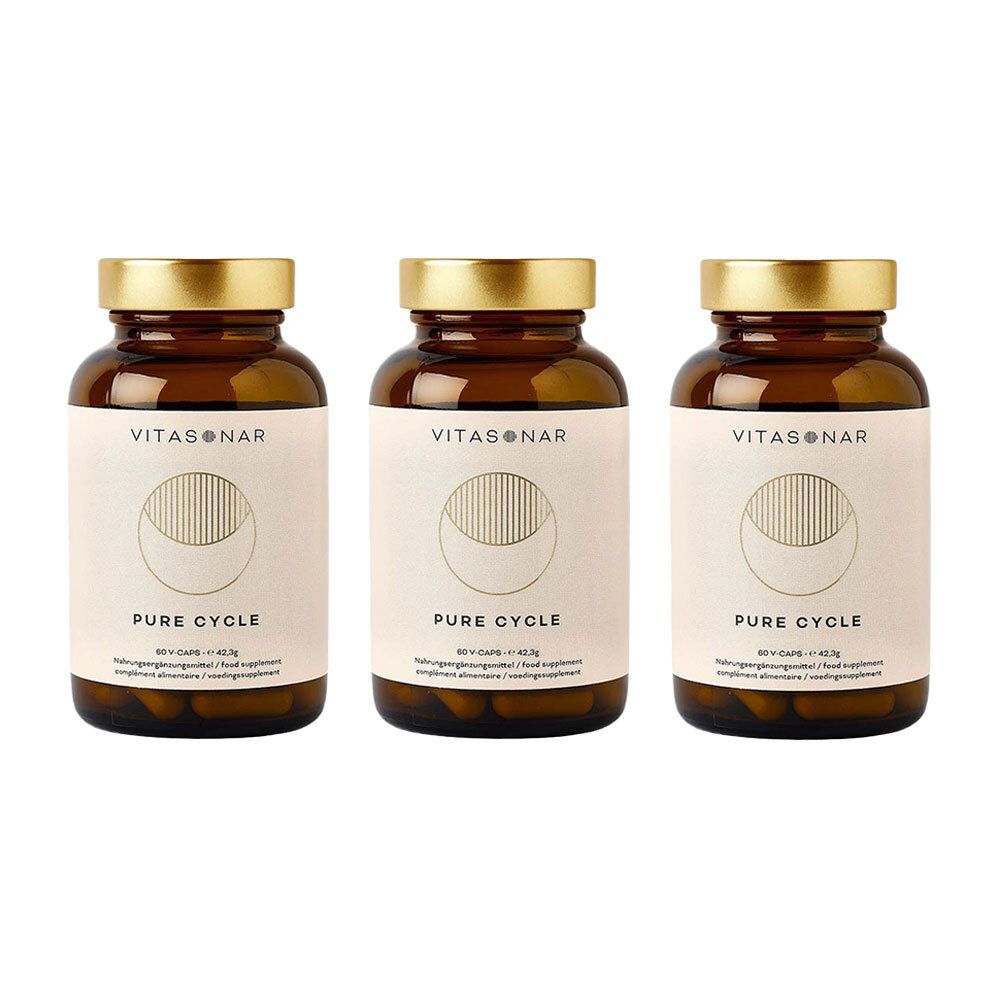 Drie bruine glazen flessen met gouden doppen. De etiketten tonen "VITASONAR" en "PURE CYCLE".