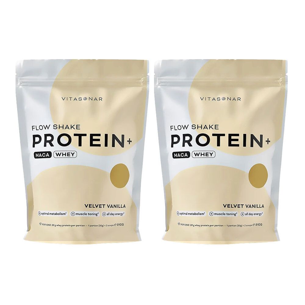 Deux sachets FLOW SHAKE PROTEIN+ MACA WHEY VELVET VANILLA. Marque VITASONAR.