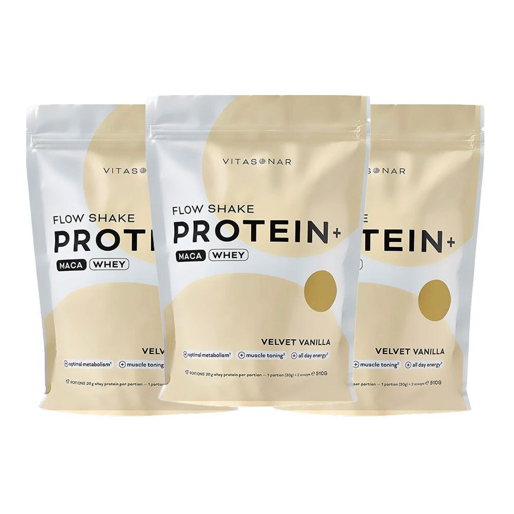 Trois sachets de Vitasonar Flow Shake Protein+. Inscription : Protein+, Maca Whey, Velvet Vanilla. Sachets crème avec cercles jaunes.