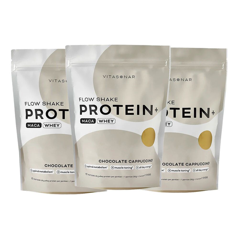 Trois sachets de Vitasonar Flow Shake Protein+ Chocolate Cappuccino. Inscription : Flow Shake Protein+, Maca Whey, Chocolate Cappuccino.
