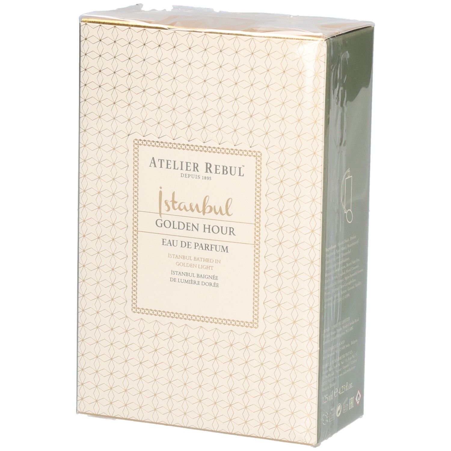 Verpakking van Atelier Rebul Istanbul Golden Hour Eau de Parfum. Beige doos met gouden patroon en productnaam.