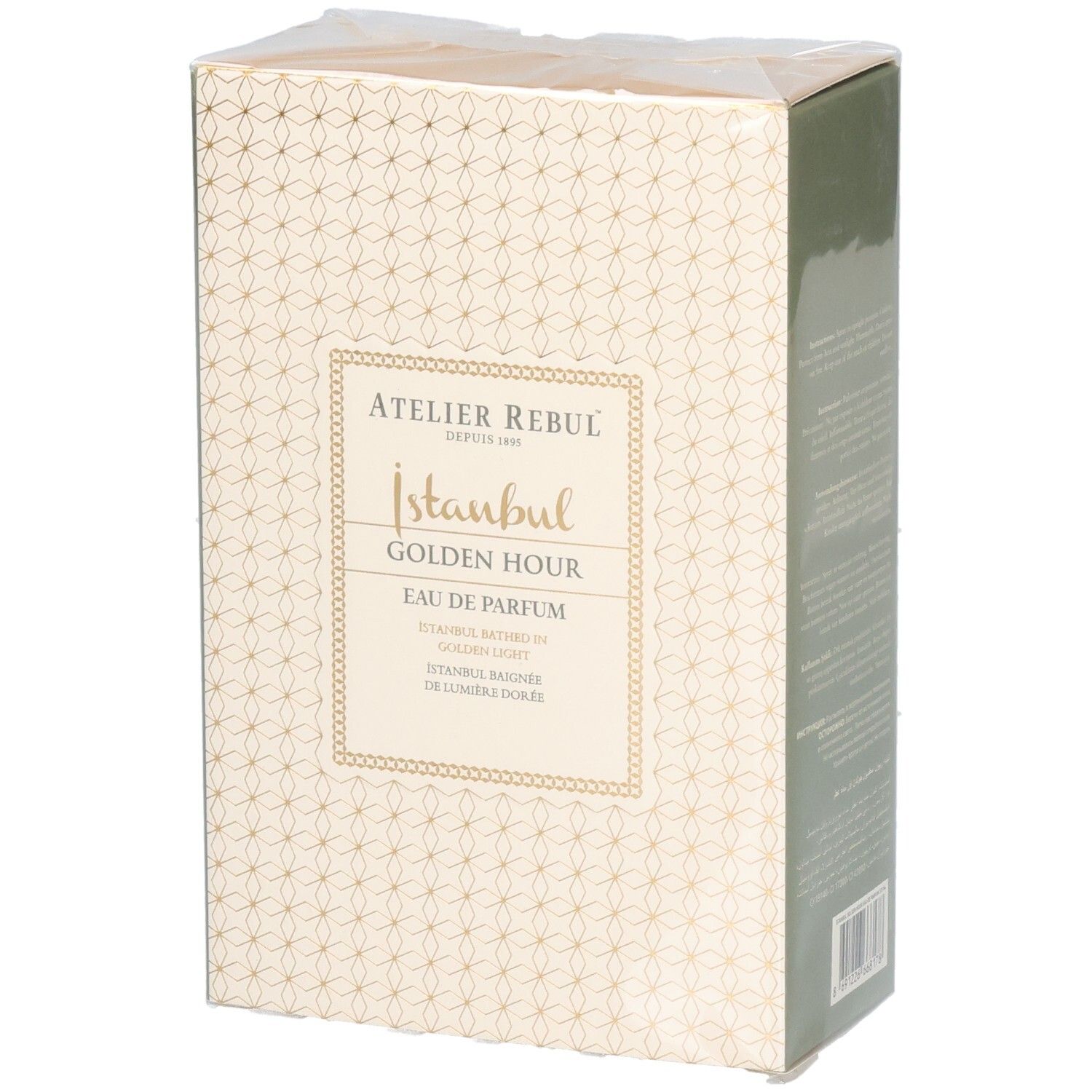 Verpakking van Atelier Rebul Istanbul Golden Hour Eau de Parfum. Beige doos met gouden patroon en productnaam.