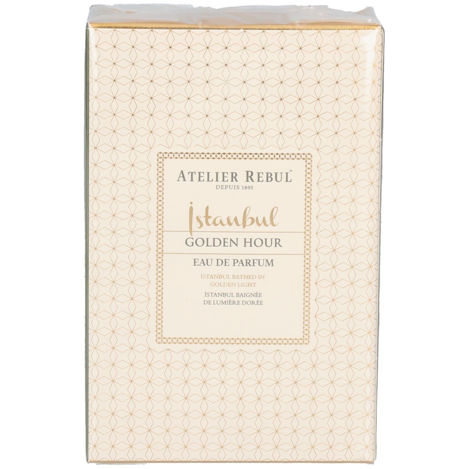 Vooraanzicht van de verpakking van Atelier Rebul Istanbul Golden Hour Eau de Parfum. Beige doos met gouden patroon.