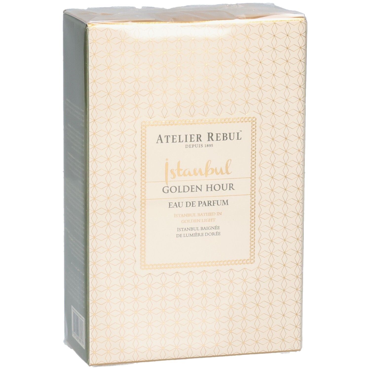 Vooraanzicht van de verpakking van Atelier Rebul Istanbul Golden Hour Eau de Parfum. Beige doos met gouden patroon.