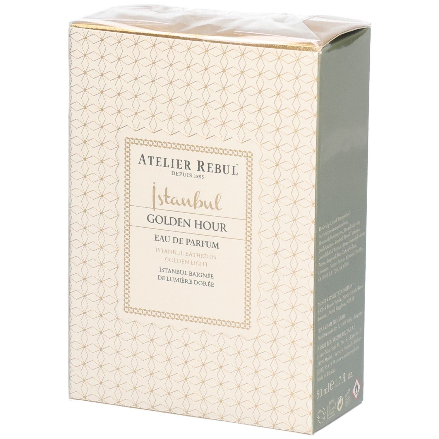 Atelier Rebul Golden Hour Eau de Parfum verpakking met geometrisch patroon.