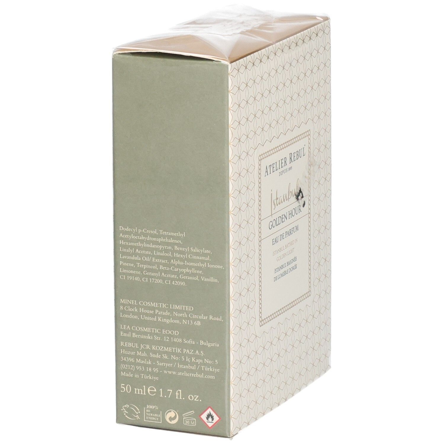 Zijkant van de Atelier Rebul Golden Hour Eau de Parfum verpakking met ingrediënten en maat.