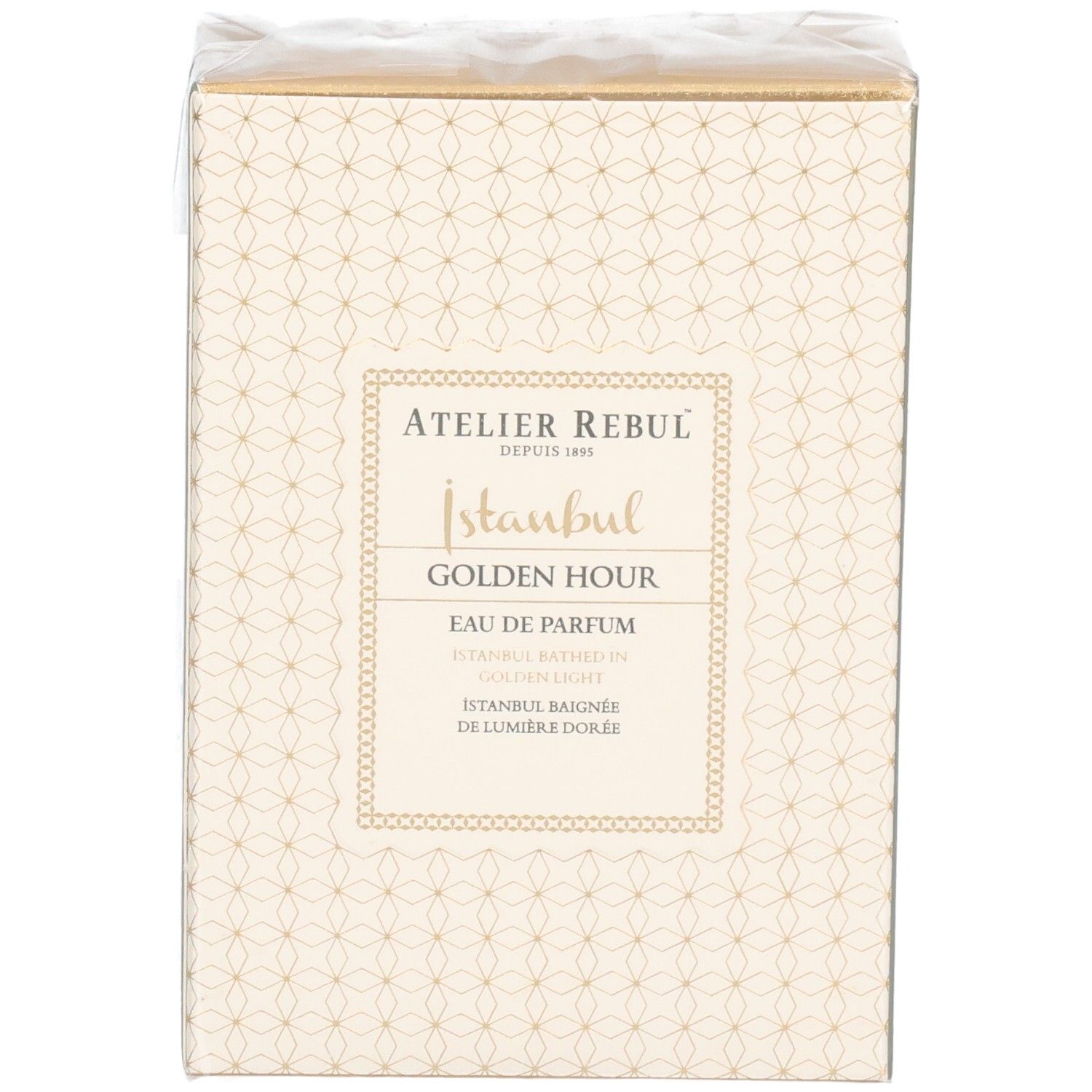 Atelier Rebul Golden Hour Eau de Parfum verpakking, licht schuin van voren.
