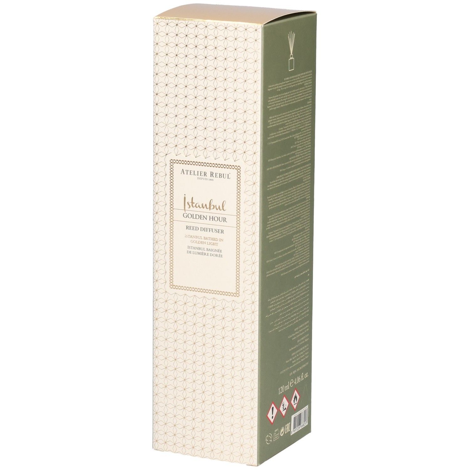Emballage avec inscription: Atelier Rebul Istanbul Golden Hour Reed Diffuser. Design beige et doré. Symboles d'avertissement.