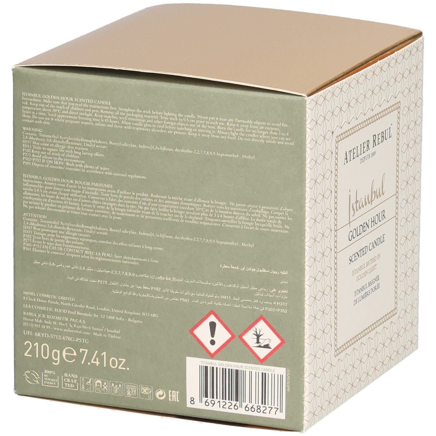Dos de la boîte. Texte multilingue. Inscription: Atelier Rebul, Istanbul Golden Hour Scented Candle. Côté verdâtre.