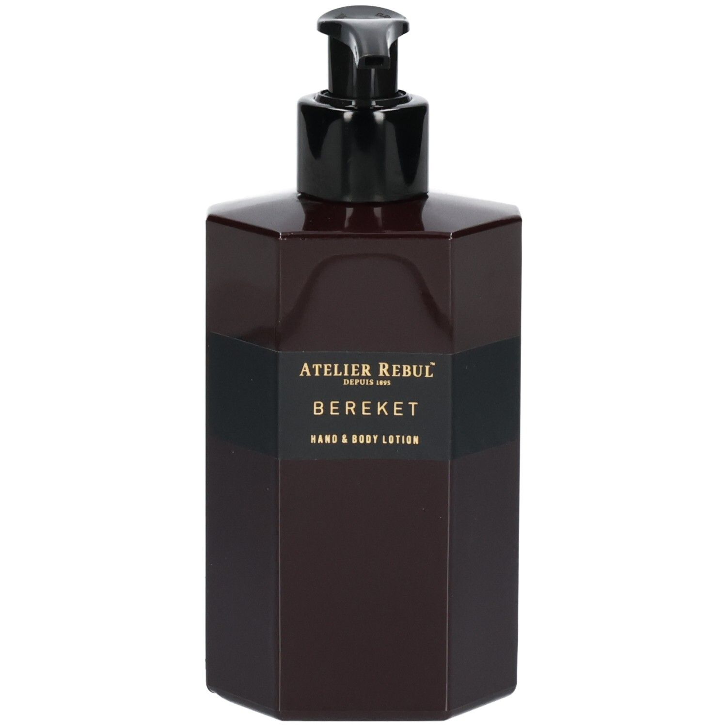 Donkerbruine fles met pompdos voor hand- en bodylotion, etiket met "Atelier Rebul" en "Bereket".