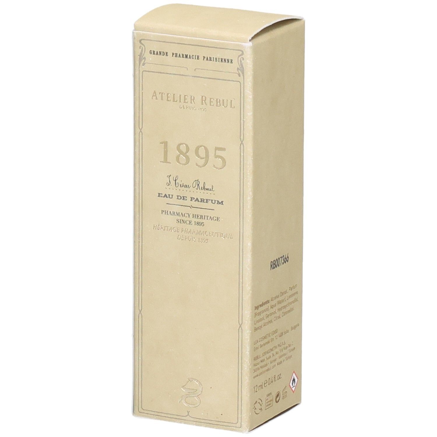 Atelier Rebul 1895 Eau de Parfum kartonnen verpakking met productinformatie.