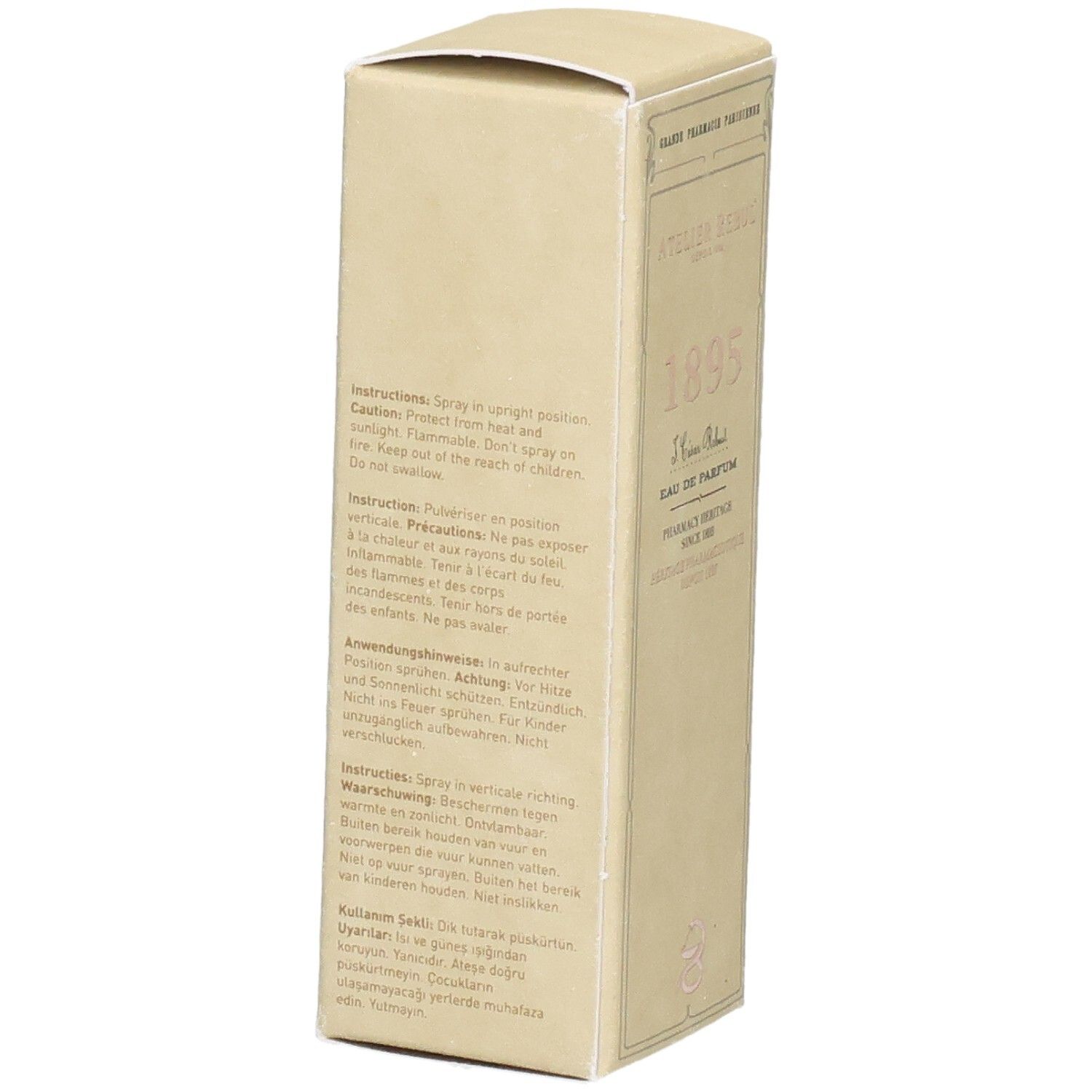 Achterkant van de Atelier Rebul 1895 Eau de Parfum verpakking met meertalige gebruiksinstructies.
