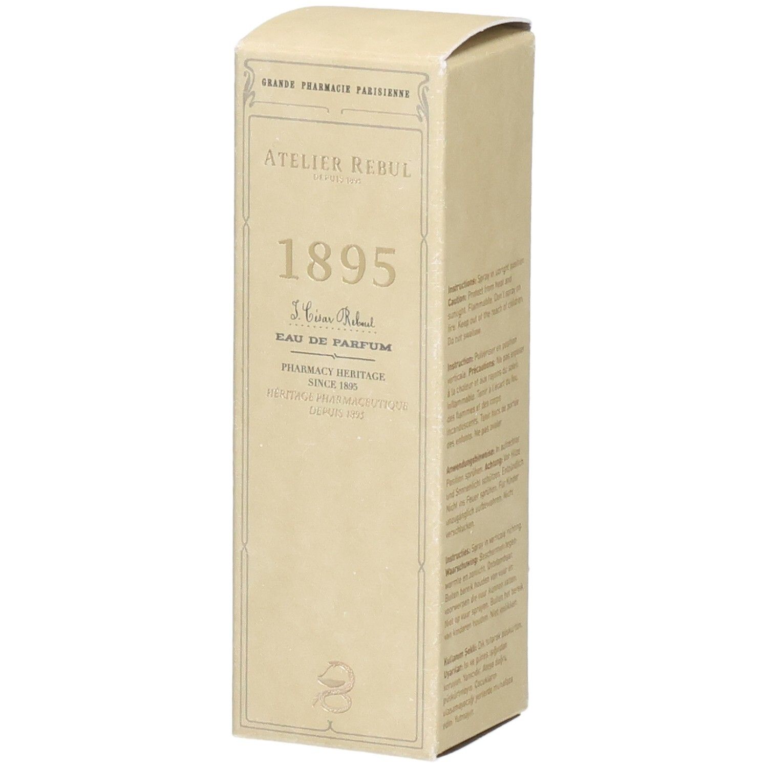 Voorkant van de Atelier Rebul 1895 Eau de Parfum verpakking met merknaam en parfumnaam.