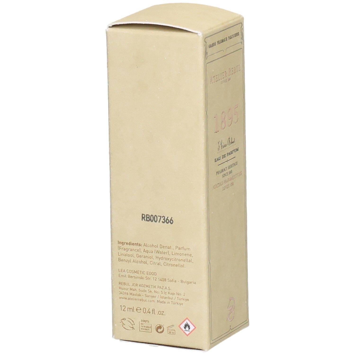 Zijaanzicht van de Atelier Rebul 1895 Eau de Parfum verpakking met ingrediëntenlijst en batchnummer.