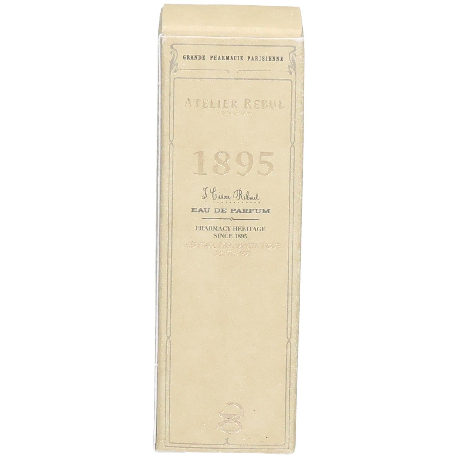 Gedetailleerd aanzicht van de Atelier Rebul 1895 Eau de Parfum verpakking met logo en productnaam.
