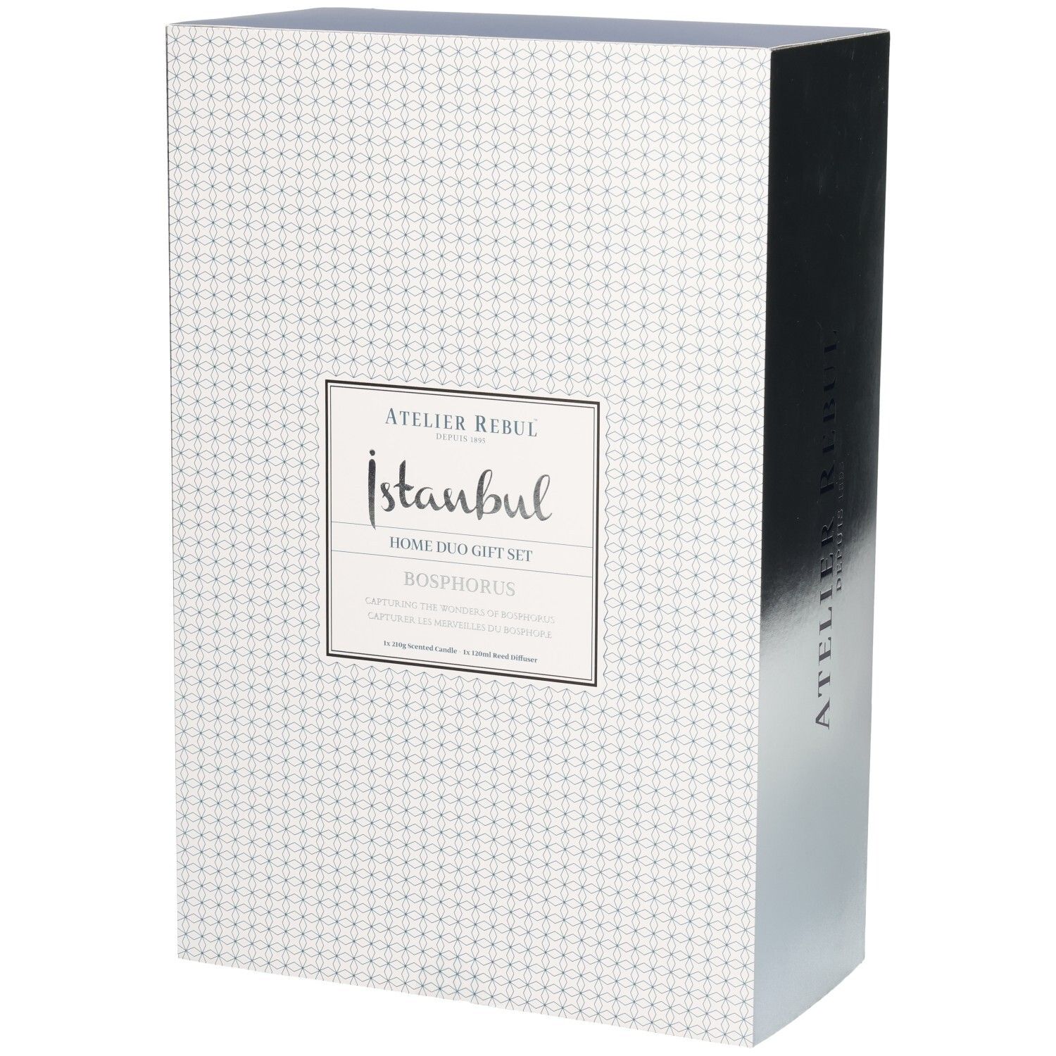 Cadeaubox met geometrisch patroon en zilveren accenten. Bevat Atelier Rebul Istanbul Bosphorus Home Duo Gift Set.