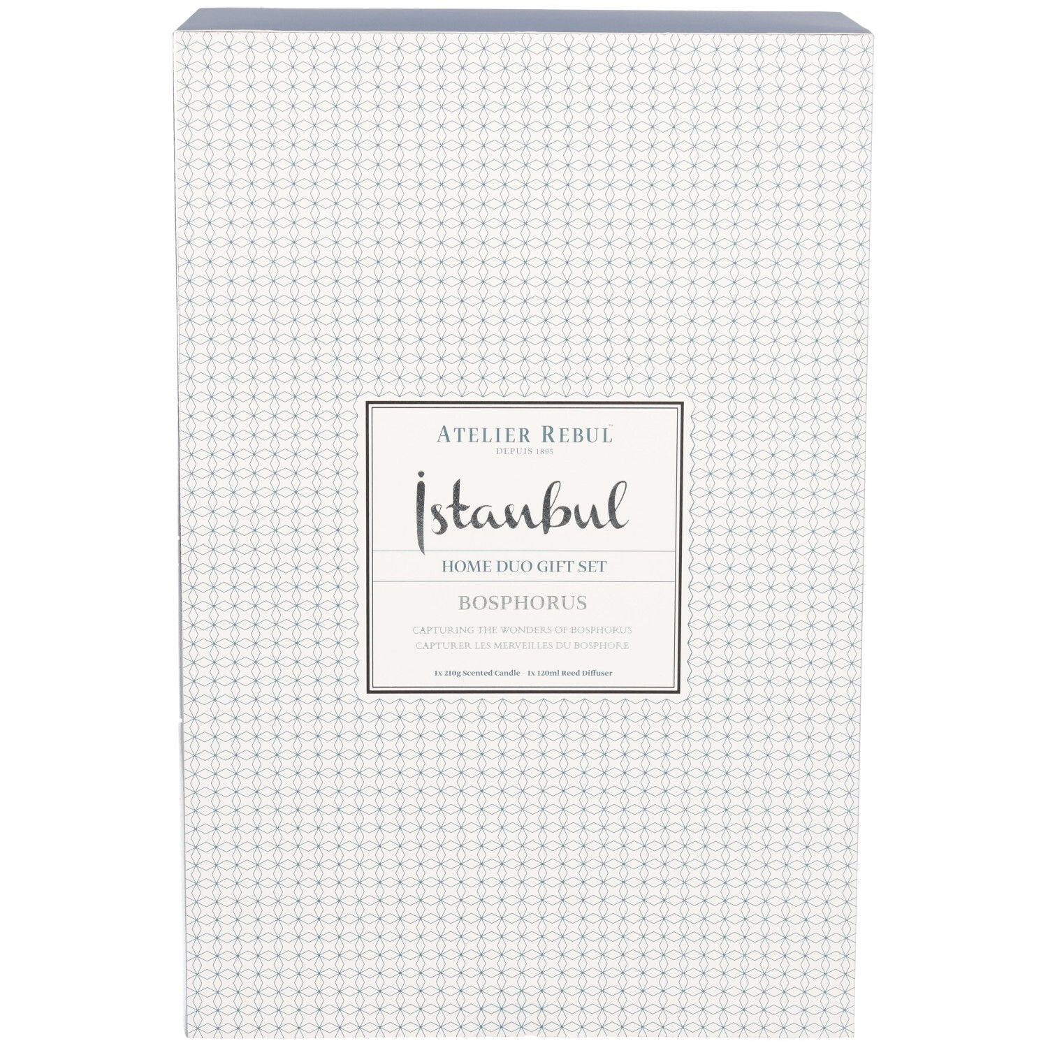 Voorkant van een cadeaubox met geometrisch patroon en een label voor de Atelier Rebul Istanbul Bosphorus Home Duo Gift Set.