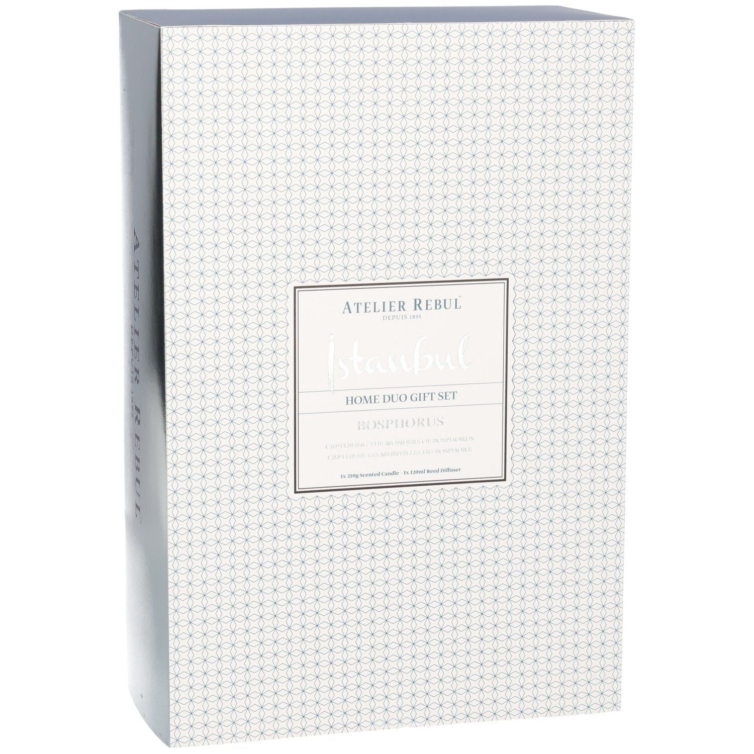 Voorkant van een cadeaubox met geometrisch patroon en een label voor de Atelier Rebul Istanbul Bosphorus Home Duo Gift Set.